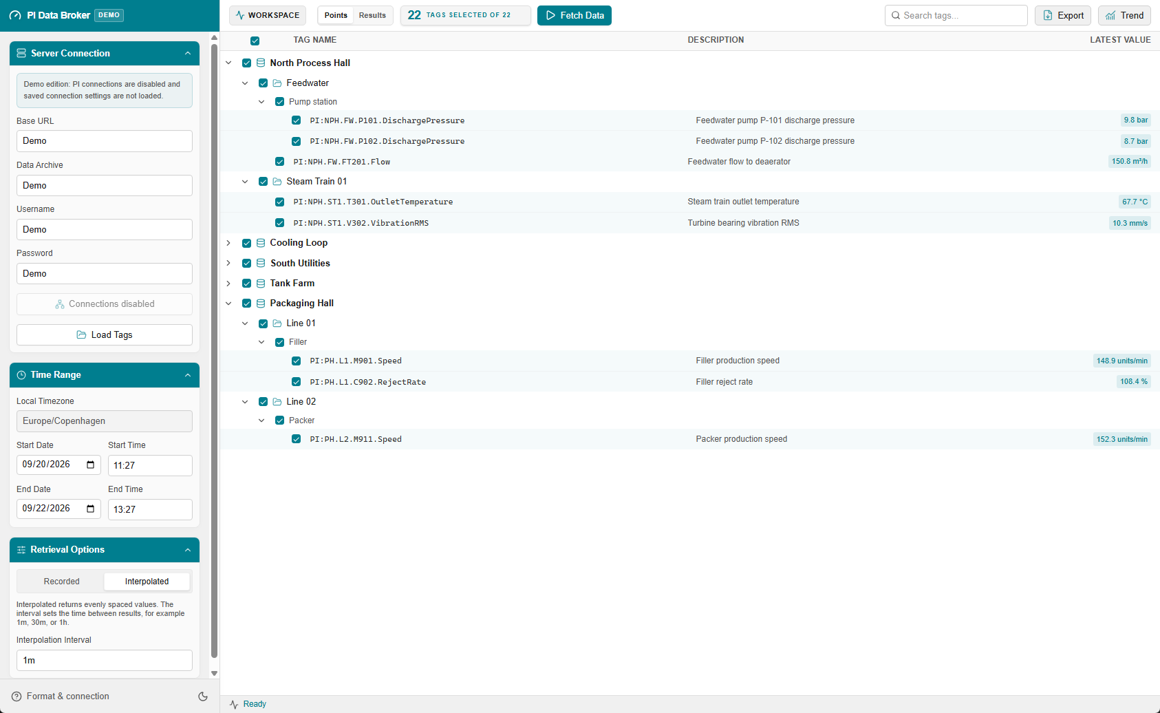 PI Data Broker hierarchy tree loaded from a user-defined hierarchy file