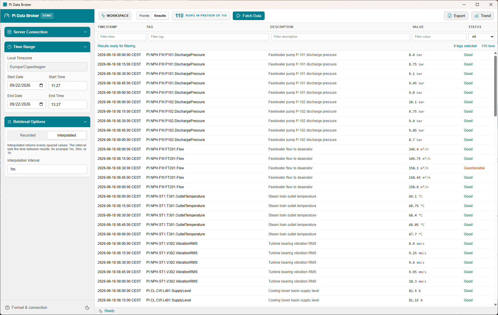 PI Data Broker showing retrieved historical PI data in the results table